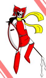 Rule 34 | 1girl, boots, brown hair, closed mouth, cosplay, gohei, hakurei reimu, helmet, holding, holding shield, long hair, looking at viewer, mega man (series), proto man, proto man (cosplay), red ribbon, red skirt, ribbon, scarf, serenade (gray), shield, shirt, simple background, skirt, sleeveless, smile, solo, touhou, white background, yellow scarf