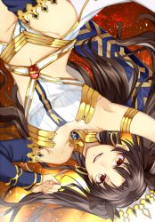 Rule 34 | 1girl, 2f sq, :d, armlet, bare arms, bare shoulders, black detached sleeves, breasts, brown hair, crown, detached sleeves, earrings, fate/grand order, fate (series), female focus, gem, hair ribbon, hoop earrings, ishtar (fate), ishtar (fate), jewelry, long hair, lying, navel, neck, on back, open mouth, pelvic curtain, revealing clothes, ribbon, round teeth, single sleeve, single thighhigh, smile, solo, strapless, teeth, thighhighs, thighlet, tohsaka rin, two side up, type-moon, upside-down, yellow eyes