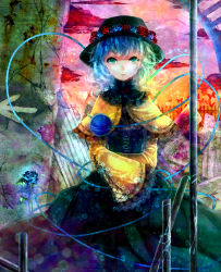 Rule 34 | 1girl, adapted costume, alternate costume, bad id, bad pixiv id, black hat, blue flower, blue hair, blue rose, bug, butterfly, capelet, dress, female focus, flower, green eyes, green hair, hands in opposite sleeves, hat, hat flower, insect, komeiji koishi, matching hair/eyes, multicolored hair, open mouth, rose, short hair, silentdin, solo, third eye, touhou, wide sleeves
