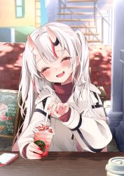 Rule 34 | 1girl, :d, blush, casual, cellphone, chalkboard, closed eyes, commentary request, cup, disposable cup, fang, frappuccino, head tilt, highres, hololive, horns, long hair, long sleeves, menu board, multicolored hair, nail polish, nakiri ayame, open mouth, outdoors, phone, red hair, red nails, shiro hebi rei, skin-covered horns, smile, solo, starbucks, streaked hair, table, translation request, two side up, upper body, virtual youtuber, white hair