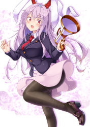 Rule 34 | 1girl, aka tawashi, animal ears, black footwear, black pantyhose, black vest, blazer, breasts, buttons, collared shirt, crescent, crescent pin, finger on trigger, highres, holding, holding weapon, jacket, large breasts, leg up, long hair, long sleeves, looking at viewer, lunatic gun, necktie, open mouth, pantyhose, pink skirt, purple hair, rabbit ears, red eyes, red necktie, reisen udongein inaba, shirt, skirt, solo, standing, thighhighs, touhou, vest, weapon, white background, white shirt