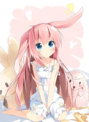 Rule 34 | 1girl, animal ears, bare arms, bare shoulders, barefoot, blue eyes, blush, commentary request, dress, eyebrows, hair between eyes, highres, indian style, kushida you, long hair, looking up, original, parted lips, pink hair, rabbit ears, sitting, solo, stuffed toy, v arms, wariza, white dress