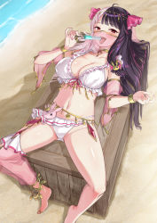 Rule 34 | 1girl, :d, ahoge, bare shoulders, barefoot, bikini, black hair, blush, breasts, choker, cleavage, collarbone, covered erect nipples, day, detached sleeves, food, frilled bikini, frills, heart, heart-shaped pupils, holding, large breasts, long hair, looking at viewer, lying, mouth veil, multi-strapped bikini, multicolored hair, nail polish, navel, nijisanji, on back, open mouth, panties, popsicle, red eyes, see-through, see-through sleeves, smile, split-color hair, spread legs, stomach, streaked hair, string bikini, swimsuit, symbol-shaped pupils, thighs, tongue, tongue out, two-tone hair, underwear, veil, very long hair, virtual youtuber, white bikini, white hair, white panties, yorumi rena, yorumi rena (7th costume), zaxwu