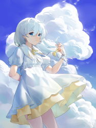 Rule 34 | 1girl, blue eyes, bow, cloud, dress, earrings, ginklaga, highres, honkai (series), honkai impact 3rd, jewelry, layered dress, long hair, looking at viewer, outdoors, skis, smile, solo, theresa apocalypse, white dress, white hair, yellow bow
