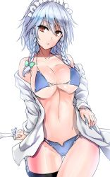 Rule 34 | 1girl, alternate costume, bare shoulders, bikini, black thighhighs, blue bikini, blue nails, bow, braid, breasts, brown eyes, cleavage, collarbone, cowboy shot, green bow, hair between eyes, hair bow, highres, izayoi sakuya, large breasts, long hair, long sleeves, looking at viewer, maid headdress, nail polish, navel, off shoulder, one-hour drawing challenge, open clothes, open shirt, parted lips, shirt, silver hair, single thighhigh, solo, stomach, swimsuit, thighhighs, touhou, twin braids, underboob, white shirt, y2