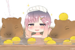 Rule 34 | 1girl, animal, bathing, blush, capybara, food, fruit, gradient hair, hair ornament, hairclip, kantai collection, koeda (koeda1kg), low twintails, mole, mole under eye, multicolored hair, onsen, open mouth, pink hair, purple hair, short twintails, sidelocks, signature, sparkle, towel, towel on head, twintails, water