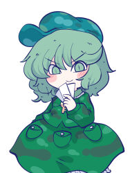 Rule 34 | 1girl, aqua headwear, blush, card, chahan (fried rice0614), closed mouth, commentary, green eyes, green hair, green shirt, green skirt, highres, holding, holding card, key, looking at viewer, pocket, shirt, simple background, skirt, smile, solo, touhou, v-shaped eyebrows, white background, yamashiro takane