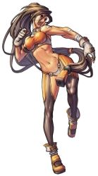 Rule 34 | 00s, 1girl, armlet, bandages, bare shoulders, boots, brown eyes, brown hair, dungeon and fighter, fighter (dungeon and fighter), fighting stance, fingerless gloves, framed breasts, full body, gloves, hair ornament, leg lift, long hair, midriff, muscular, navel, open mouth, ponytail, scar, simple background, solo, standing, very long hair