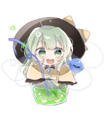 Rule 34 | 1girl, black hat, blouse, borrowed character, bow, buttons, chibi, cup, diamond button, doodles, eyeball, frilled sleeves, frills, green eyes, green hair, green skirt, hat, hat bow, hat ribbon, heart, heart of string, highres, komeiji koishi, open mouth, ramochi, ribbon, shirt, skirt, solo, third eye, touhou, white background, wide sleeves, yellow bow, yellow ribbon, yellow shirt