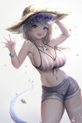 Rule 34 | 1girl, absurdres, animal ear fluff, arknights, armpits, bikini, blonde hair, blue tail, breasts, cleavage, eyewear on head, highres, jewelry, large breasts, looking at viewer, necklace, poni (poni arknights), purple eyes, round eyewear, short hair, smile, solo, striped bikini, striped clothes, sunglasses, swimsuit, thighs, utage (arknights), utage (summer flowers) (arknights)
