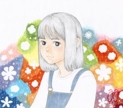 Rule 34 | 1girl, awai880, blue overalls, commentary request, grey eyes, grey hair, looking at viewer, medium hair, original, overalls, shirt, signature, solo, upper body, white shirt