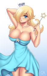 Rule 34 | 1girl, arm up, armpits, artist name, bare shoulders, blonde hair, blue background, blue dress, blue eyes, blush, breasts, cleavage, collarbone, covered eyes, cowboy shot, crown, dress, earrings, eyelashes, glass, gradient background, grigoraart, grigorart, hair over one eye, holding, holding wand, huge breasts, jewelry, large breasts, legs together, long hair, looking at viewer, mario (series), mini crown, nintendo, no bra, rosalina, solo, standing, star (symbol), super mario galaxy, thighs, wand, white background
