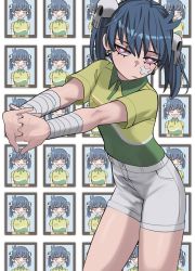 Rule 34 | 1girl, bandaged arm, bandages, blue hair, character name, closed mouth, collared shirt, commentary, english commentary, green shirt, hair between eyes, hair ornament, highres, interlocked fingers, jourd4n, looking at viewer, original, outstretched arms, red eyes, shirt, short shorts, short sleeves, shorts, skull hair ornament, solo, twintails, white shorts
