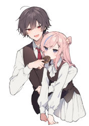 Rule 34 | 1boy, 1girl, ahoge, belt, black pants, black vest, blouse, blue eyes, blue hair, blush, bow, bowtie, breasts, brown hair, collared shirt, commentary request, dangling, double bun, doughnut, fang, feeding, flower, food, frown, hair between eyes, hair bun, hair flower, hair ornament, hair over shoulder, hairclip, half updo, holding person, hug, ikeuchi tanuma, leaning forward, long sleeves, medium hair, multicolored hair, necktie, nibbling, open mouth, original, pants, pink hair, pleated skirt, red eyes, red necktie, rije (ikeuchi tanuma), shirt, simple background, skirt, small breasts, unamused, vest, white background, white bow, white bowtie, white shirt, white skirt
