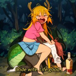 Rule 34 | 2girls, absurdres, all fours, barefoot, blush, bottle, breasts, brown pants, bush, censored, dragon girl, dragon horns, dragon tail, english text, fang, forest, from side, highres, horns, khyle., kobayashi-san chi no maidragon, kobayashi (maidragon), large breasts, meme, miniskirt, mosaic censoring, multiple girls, nature, necktie, night, outdoors, pants, pink shirt, pleated skirt, red hair, riding, shirt, skirt, speech bubble, tail, tohru (maidragon), vomit, white shirt