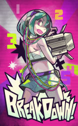 Rule 34 | 1girl, 405nm, beatmania, beatmania iidx, cable, from behind, green hair, headphones, highres, midriff, miniskirt, pink eyes, short hair, skirt, solo, stage lights, strapless, tube top, woofycakes
