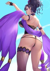 Rule 34 | 1girl, armlet, ass, back, bare shoulders, black one-piece swimsuit, black thighhighs, blue sky, breasts, closed mouth, commentary request, fate/grand order, fate (series), from below, gloves, hair up, half gloves, halterneck, highleg, highleg swimsuit, large breasts, looking to the side, mokyumokyuchan, murasaki shikibu (fate), murasaki shikibu (swimsuit rider) (fate), murasaki shikibu (swimsuit rider) (first ascension) (fate), one-piece swimsuit, purple eyes, purple hair, shawl, single thighhigh, sky, smile, standing, swimsuit, thighhighs, thighs, thong