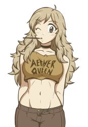 Rule 34 | 1girl, arms behind back, blonde hair, blush, breasts, choker, contemporary, crop top, denim, fire emblem, fire emblem fates, food, grey eyes, hayato stuff, highres, jeans, large breasts, long hair, looking at viewer, midriff, navel, nintendo, one eye closed, ophelia (fire emblem), pants, pocky, pocky day, solo, standing, unbuttoned, wink