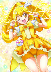 Rule 34 | 1girl, ;d, bike shorts, blonde hair, cure peace, double v, earrings, floating hair, from below, hair between eyes, hanzou, heart, heart earrings, highres, jewelry, layered skirt, long hair, looking at viewer, miniskirt, one eye closed, open mouth, precure, short shorts, short sleeves, shorts, shorts under skirt, skirt, smile, smile precure!, solo, thigh gap, v, v over eye, very long hair, wrist cuffs, yellow eyes, yellow neckwear, yellow shorts, yellow skirt