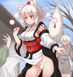 Rule 34 | 1boy, 1girl, animal ears, assisted exposure, blush, breasts, child, commentary request, cowboy shot, day, detached sleeves, hat, highres, inubashiri momiji, japanese clothes, kourindou tengu costume, large breasts, long sleeves, md5 mismatch, multiple boys, no bra, obi, outdoors, panties, pom pom (clothes), red eyes, red headwear, resolution mismatch, robe, sash, short hair, sideboob, skirt, skirt flip, solo focus, string panties, sweat, tail, tksand, tokin hat, touhou, underwear, white hair, white panties, wide sleeves, wolf ears, wolf tail