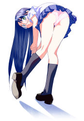 Rule 34 | 1girl, absurdres, adjusting clothes, adjusting legwear, ass, bent over, black footwear, black socks, blue hair, blue skirt, closed mouth, commentary request, crotch seam, dress shirt, from behind, glasses, green eyes, highres, kneehighs, kneepits, leaning forward, loafers, looking at viewer, looking back, miniskirt, morimi ashita, original, panties, pink panties, plaid, plaid skirt, pleated skirt, shadow, shirt, shoes, short sleeves, simple background, skirt, socks, solo, standing, standing on one leg, thigh gap, underwear, white background, white shirt