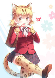 Rule 34 | 1girl, absurdres, alternate costume, alternate hairstyle, animal ears, animal print, backpack, bag, blazer, blonde hair, blush, brown hair, collared shirt, commentary request, cowboy shot, extra ears, fang, gloves, highres, holding strap, jacket, kanzakietc, kemono friends, kemono friends festival, leg up, leopard (kemono friends), leopard ears, leopard print, leopard tail, loafers, multicolored hair, neck ribbon, open mouth, plaid, plaid skirt, pleated skirt, print gloves, print thighhighs, ribbon, school uniform, shirt, shoes, short twintails, skirt, solo, tail, thighhighs, twintails, yellow eyes, zettai ryouiki