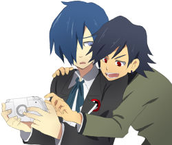 Rule 34 | 2boys, atlus, blouse, blue hair, collared shirt, hair over one eye, handheld game console, hosuke, male focus, multiple boys, persona, persona 1, persona 3, playstation portable, shirt, simple background, sweat, toudou naoya, white background, white shirt, yuuki makoto (persona 3)