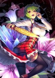 Rule 34 | 1girl, :d, ass, bad id, bad pixiv id, black thighhighs, breasts, closed umbrella, collared shirt, floral background, floral print, flower, frilled skirt, frills, green hair, hair between eyes, highres, kazami yuuka, light particles, looking at viewer, medium breasts, open mouth, outstretched arm, parasol, pink hair, plaid, plaid skirt, plant, print umbrella, purple flower, red eyes, red skirt, scottie (phantom2), shirt, shoes, short hair, skirt, skirt set, smile, solo, sunflower, thighhighs, touhou, umbrella, underbust, vines, white shirt, yellow umbrella