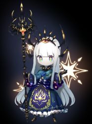 Rule 34 | + +, 1girl, absurdres, blue capelet, blue eyes, blue flower, blue rose, capelet, colored skin, crown, dress, flower, full body, hands up, highres, holding, holding staff, horns, long hair, long sleeves, looking at viewer, mana matitia (okame nin), no mouth, okame nin, original, purple dress, rose, solo, staff, standing, very long hair, white hair, white skin