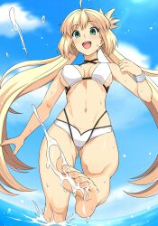 Rule 34 | 1girl, ahoge, artoria caster (fate), artoria caster (swimsuit) (fate), artoria caster (swimsuit) (first ascension) (fate), artoria pendragon (fate), bad link, barefoot, bikini, blonde hair, blue sky, blush, breasts, cleavage, fate/grand order, fate (series), green eyes, haruhisky, highres, long hair, looking at viewer, medium breasts, navel, open mouth, sky, smile, solo, swimsuit, thighs, twintails, water, white bikini