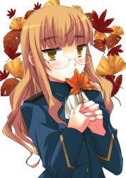 Rule 34 | 1girl, absurdres, autumn, bad id, bad pixiv id, blonde hair, geminiboar, glasses, highres, leaf, long hair, maple leaf, military, military uniform, perrine h. clostermann, solo, strike witches, uniform, world witches series, yellow eyes