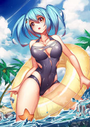 Rule 34 | 1girl, banana, bare shoulders, black one-piece swimsuit, blue hair, blush, breasts, cleavage, clothing cutout, contrail, cross, day, female focus, food, fruit, hair between eyes, innertube, iron cross, kira (artist), large breasts, long hair, looking at viewer, one-piece swimsuit, open mouth, outdoors, prinz eugen (warship girls r), red eyes, side cutout, solo, standing, starfish, swim ring, swimsuit, warship girls r