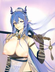 Rule 34 | 1girl, absurdres, arknights, arm strap, arm wrap, black gloves, blue eyes, blue hair, breasts, breasts out, chinese commentary, clothes pull, crossed bangs, detached collar, dragon girl, dragon horns, dress, dress pull, elbow gloves, gloves, gradient background, hair between eyes, highres, holding, holding weapon, horns, ken (1057168252), large breasts, ling (arknights), long hair, looking at viewer, over shoulder, parted lips, pointy ears, ponytail, puffy nipples, purple background, simple background, smirk, solo, strapless, strapless dress, tassel, upper body, weapon, weapon over shoulder, white background, white dress, wing collar