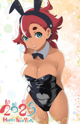 Rule 34 | 1girl, animal ears, arms behind back, bare legs, black bow, black bowtie, black hairband, black leotard, blue eyes, bow, bowtie, breasts, chinese zodiac, cleavage, collar, commentary, cowboy shot, dark-skinned female, dark skin, detached sleeves, english text, fake animal ears, gundam, gundam suisei no majo, hairband, happy new year, highres, leotard, long hair, looking at viewer, low ponytail, makoto daikichi, medium breasts, new year, parted lips, playboy bunny, rabbit ears, red hair, smile, solo, strapless, strapless leotard, suletta mercury, white collar, wing collar, year of the rabbit