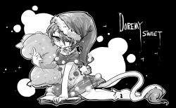 Rule 34 | 1girl, book, character name, doremy sweet, dress, greyscale, hair over one eye, hat, monochrome, nightcap, pillow, pom pom (clothes), see-through, shirt, short hair, skirt, smile, socks, solo, tail, tapir tail, touhou, yt (wai-tei)