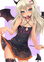 Rule 34 | 1girl, absurdres, bat wings, blonde hair, blue eyes, blush, bow, clothes writing, condom, condom in mouth, condom wrapper, demon girl, demon horns, demon tail, demon wings, dress, grecale (kancolle), hair between eyes, hair ornament, hair ribbon, halloween, happy halloween, highres, horns, kantai collection, lifting own clothes, long hair, looking at viewer, makura (y makura), mouth hold, ribbon, sleeveless, sleeveless dress, smile, solo, tail, two-tone background, wavy hair, wings