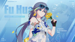 Rule 34 | 1girl, closed mouth, earrings, flower, fu hua, fu hua (shadow knight), grey hair, highres, honkai (series), honkai impact 3rd, jewelry, looking at viewer, official art, official wallpaper, smile, solo, summer, sunglasses, upper body