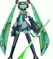 Rule 34 | 1girl, bad id, bad pixiv id, black thighhighs, fei-yen, hatsune miku, long hair, lowres, md5 mismatch, mecha musume, mechanization, oekaki, simple background, solo, spring onion, thighhighs, tomo (machinemess), very long hair, virtual on, vocaloid, white background