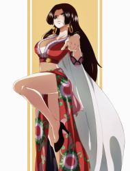 Rule 34 | 1girl, black hair, boa hancock, breasts, cape, cleavage, closed mouth, commentary, dress, earrings, english commentary, frown, high heels, highres, jewelry, knee up, large breasts, long hair, looking at viewer, navel, one piece, pointing, pointing at viewer, snake earrings, solo, thejg