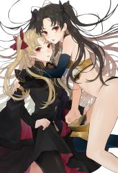 Rule 34 | 2girls, absurdres, asymmetrical sleeves, black bow, black dress, black hair, black legwear, black panties, black sleeves, blonde hair, bow, bra, detached sleeves, dress, earrings, ereshkigal (fate), ereshkigal (third ascension) (fate), fate/grand order, fate (series), floating hair, gold trim, hair bow, highres, hutuu (1121), ishtar (fate), jewelry, long hair, long sleeves, looking at viewer, multiple girls, panties, pantyhose, parted lips, red bow, red eyes, siblings, single sleeve, sisters, underwear, uneven sleeves, very long hair, white background, white bra