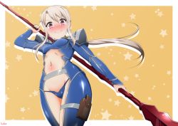 Rule 34 | &gt;:), 1girl, absurdres, adapted costume, armor, blue panties, blush, bodysuit, child, cosplay, cu chulainn (fate), cu chulainn (fate/stay night), cu chulainn (fate/stay night) (cosplay), earrings, embarrassed, fate/kaleid liner prisma illya, fate (series), gae bolg (fate), groin, highres, holster, illyasviel von einzbern, jewelry, long hair, looking at viewer, midriff, navel, ookami maito, panties, polearm, ponytail, red eyes, shiny clothes, simple background, skin tight, smile, solo, spear, star (symbol), starry background, thigh holster, underwear, v-shaped eyebrows, weapon, white hair, yellow background