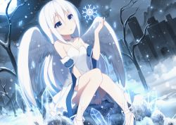 Rule 34 | 1girl, angel, between legs, blue eyes, castle, child, choker, covering privates, covering crotch, dress, hand between legs, ice, ice crystal, long hair, moon, night, original, outdoors, rizky (strated), sitting, sky, snow, snowflakes, snowing, solo, strapless, strapless dress, tree, white dress, white hair, white wings, wings, winter, yuki