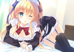 Rule 34 | 1girl, :o, arm support, bed, bekotarou, blonde hair, blue eyes, blush, bow, breasts, cleavage, detached collar, dress, garter straps, hair ribbon, long hair, lying, maid, maid headdress, moe2015, one eye closed, open mouth, original, ribbon, solo, thighhighs, wrist cuffs