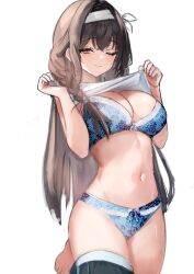 Rule 34 | 1girl, absurdres, asymmetrical hair, barefoot, blue bra, blue panties, blush, bra, braid, breasts, brown hair, cleavage, closed mouth, clothes lift, commentary, floral print, goddess of victory: nikke, hair intakes, hair over shoulder, hairband, half-closed eye, highres, large breasts, lifted by self, long hair, mary (nikke), navel, one eye closed, panties, peeking, red eyes, rehu, shirt, shirt lift, side braid, simple background, single braid, smile, solo, standing, standing on one leg, stomach, thighs, underwear, white background, white hairband, white shirt