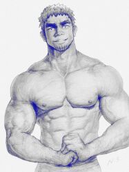 Rule 34 | 1boy, abs, bara, cowboy shot, facial hair, fist in hand, goatee, greyscale, highres, huge eyebrows, large pectorals, looking at viewer, male focus, mature male, monochrome, muscular, muscular male, nipples, noga (noga 0309), pectorals, realistic, senpai ga uzai kouhai no hanashi, short hair, sideburns, smile, solo, stomach, stubble, takeda harumi (shiromanta), thick eyebrows, topless male, traditional media, veins, veiny arms