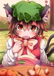 Rule 34 | 1girl, absurdres, animal ear fluff, animal ears, arm support, blush, bow, bowtie, brown eyes, brown hair, cat ears, cat tail, chen, earrings, fang, fingernails, fisheye, flat chest, food, fruit, gold trim, hair between eyes, hat, highres, holding, holding food, holding fruit, jewelry, kotatsu, long sleeves, looking at viewer, mandarin orange, mob cap, moroqoishii, multiple tails, nail polish, nekomata, open mouth, red nails, red vest, sharp fingernails, single earring, sitting, solo, table, tail, tatami, touhou, two tails, under kotatsu, under table, upturned eyes, vest, yellow bow, yellow bowtie