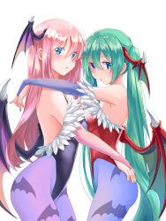 Rule 34 | 2girls, aira (exp), aqua hair, backless outfit, black leotard, blue eyes, blue nails, blue pantyhose, blush, breasts, bridal gauntlets, capcom, cosplay, couple, cowboy shot, demon girl, demon wings, detached sleeves, from side, hair between eyes, hand on another&#039;s ass, hatsune miku, head wings, highres, hug, leotard, lilith aensland, lilith aensland (cosplay), long hair, long sleeves, looking at viewer, medium breasts, megurine luka, morrigan aensland, morrigan aensland (cosplay), multiple girls, nail polish, neck, pantyhose, parted lips, pink hair, purple legwear, purple sleeves, red leotard, red wings, sideboob, simple background, standing, straight hair, twintails, vampire (game), very long hair, vocaloid, white background, wings, yuri