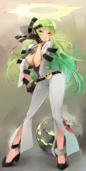 Rule 34 | 1girl, anklet, ball and chain restraint, belt, breasts, c.c., candy, center opening, cleavage, code geass, spiked halo, contrapposto, cosplay, food, full body, gloves, green hair, guilty gear, guilty gear xrd, halo, hand on own hip, high heels, highres, jack-o&#039; valentine, jack-o&#039; valentine (cosplay), jewelry, kenshin187, large breasts, lollipop, long hair, mask, unworn mask, mouth hold, open clothes, pumps, solo, standing, yellow eyes