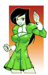 Rule 34 | 1girl, agent aika, aika (series), alternate color, alternate costume, arm up, black hair, breasts, cleavage, cleavage cutout, clenched hand, clothing cutout, colored skin, commentary, cosplay, cropped legs, crossover, delmo, delmogeny uniform, dress, english commentary, fighting stance, golden delmo, green dress, green eyes, green lips, green skin, hand up, juliet sleeves, kim possible (series), lipstick, long hair, long sleeves, makeup, medium breasts, open mouth, puffy sleeves, shego, simple background, solo, standing, two-tone background, uniform, upper body, v-shaped eyebrows, we-r-nomad