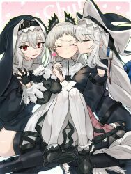 3girls arknights black_footwear black_gloves black_hat blush closed_eyes closed_mouth commentary dual_persona facing_viewer front-seamed_legwear gloves hair_between_eyes hand_in_another&#039;s_hair hat headscarf heart highres holding_hands interlocked_fingers irene_(arknights) kissing_ear long_hair long_sleeves looking_at_viewer multiple_girls nochatea pantyhose profile red_eyes seamed_legwear shoes specter_(arknights) specter_the_unchained_(arknights) white_hair white_pantyhose yuri